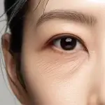 A close-up image showing wrinkles and sagging skin around the eyes of a Korean individual. The style is clean, neat, with studio lighting, and a nature