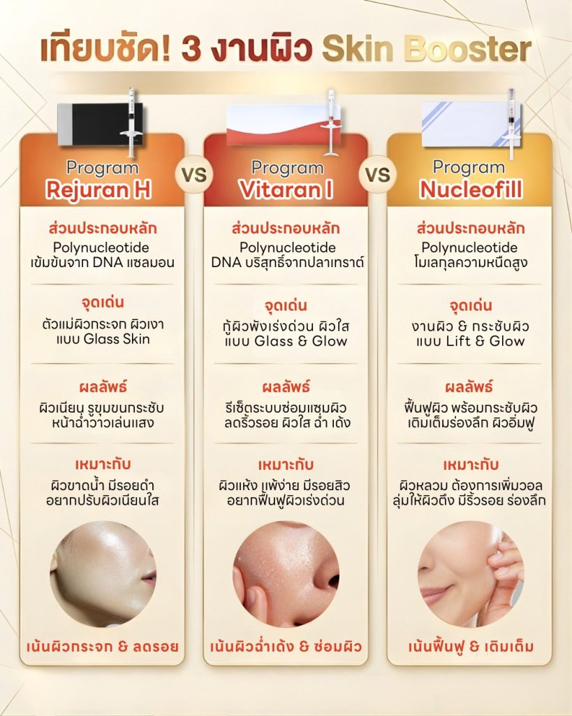 เปรียบเทียบ Rejuran H Vitaran I และ Nucleofill ต่างกันยังไง Skin Booster แต่ละตัวเหมาะกับใคร