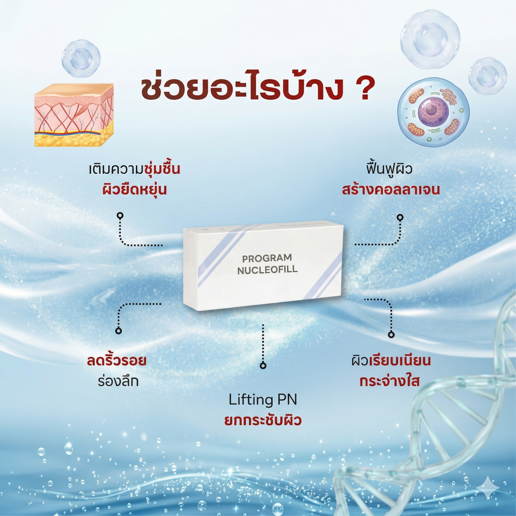 Nucleofill ช่วยอะไรบ้าง Skin Booster PN ฟื้นฟูผิว เติมความชุ่มชื้น สร้างคอลลาเจน ลดริ้วรอย และยกกระชับผิว