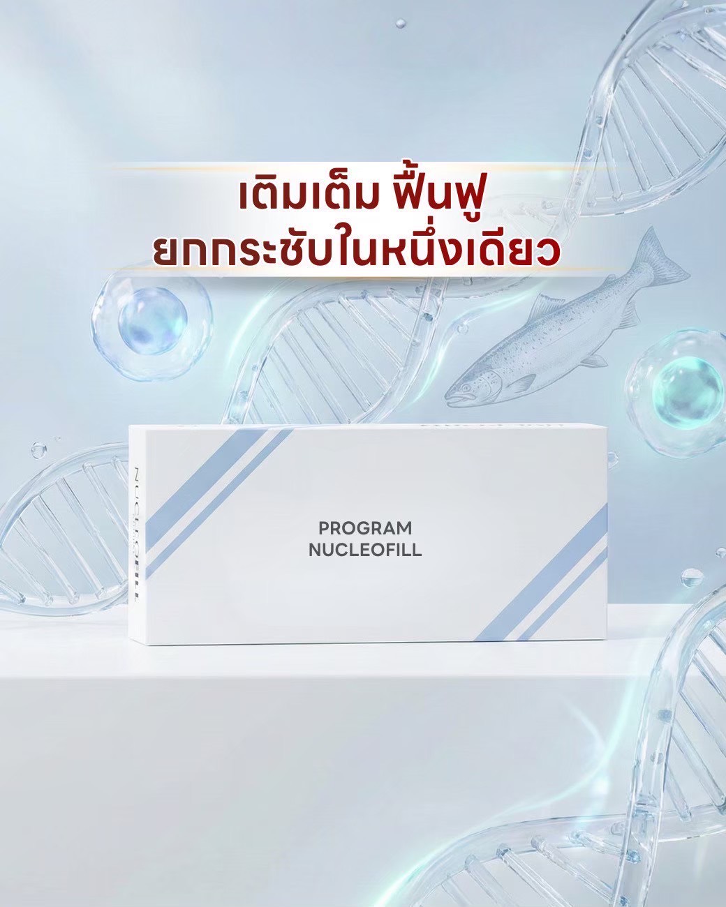 Nucleofill skin booster กล่องผลิตภัณฑ์ พื้นหลัง DNA ช่วยฟื้นฟูผิว เติมเต็ม ยกกระชับในหนึ่งเดียว