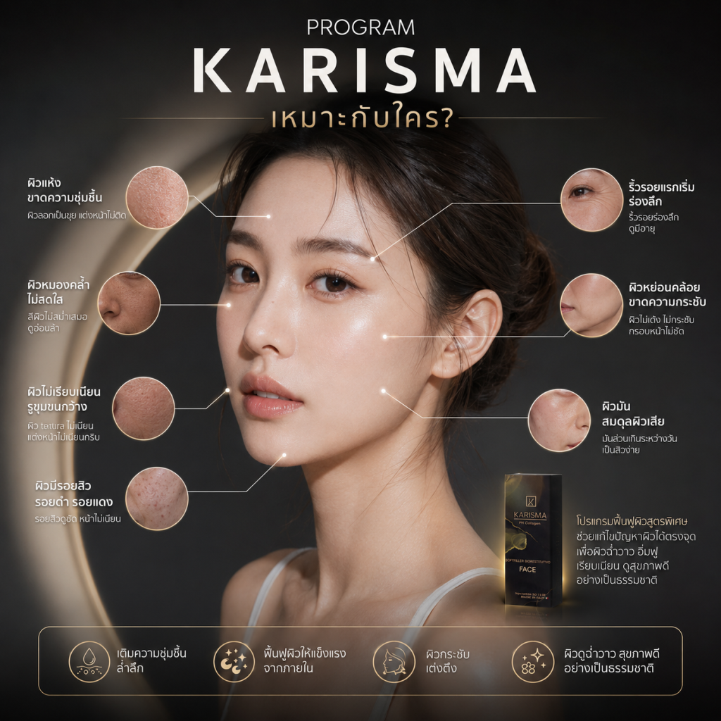 Karisma เหมาะกับผู้ที่มีปัญหาผิวแห้ง ผิวโทรม ผิวขาดน้ำ และต้องการผิวฉ่ำโกลว์สุขภาพดี